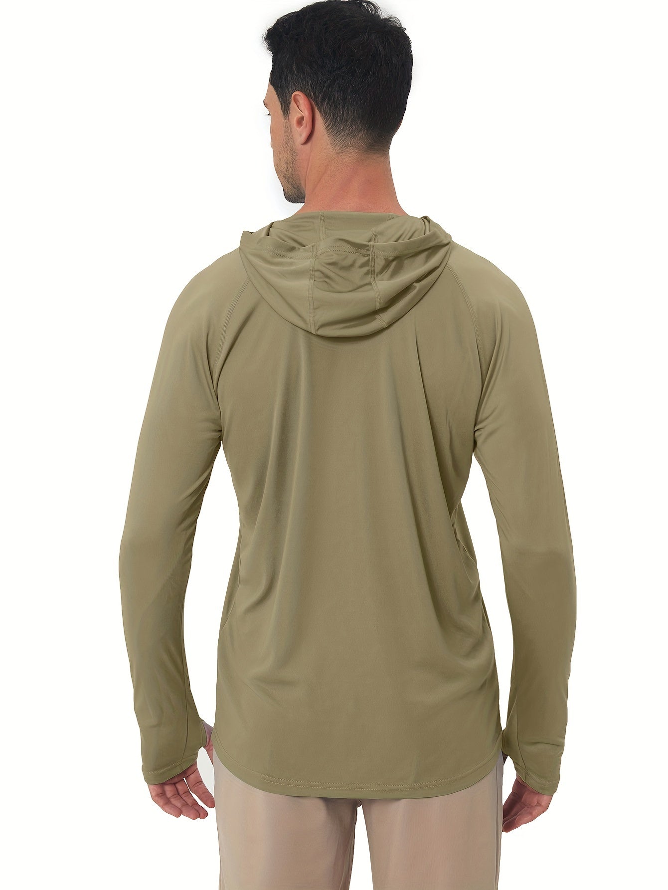 Men's UPF50+ Sun Protection Hoodie - Lightweight Quick-Dry Rash Guard, Breathable Long Sleeve UV Shirt for Fishing, Hiking, Yoga & Running, Olive Green, Machine Washable, Sports Apparel, Sporty Design, Durable Construction, A