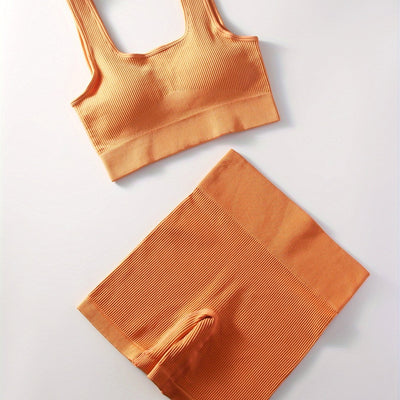 2pcs Women'S Breathable Seamless Yoga Leggings & Bra Set - High-Stretch Ribbed Gym Workout Shorts with Bra, Moisture-Wicking Athletic Outfit for Running, Pilates