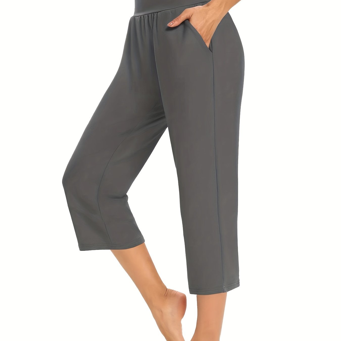 Plus Size Womens Capri Pants - Comfortable Solid Waistband, High Rise Skinny Fit - Fashionable for Casual Wear & Fitness