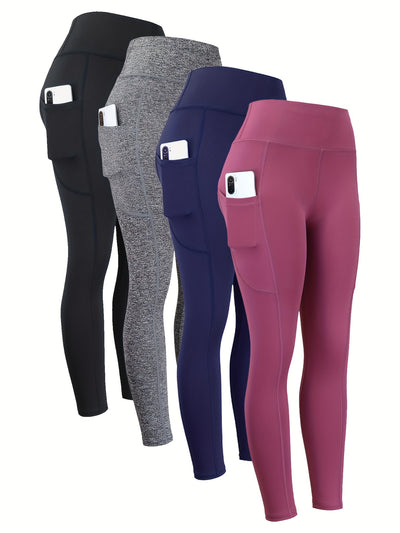 4pcs High Waist Yoga Leggings With Pocket For Women, Solid Color, Tight Fit, Women's Activewear