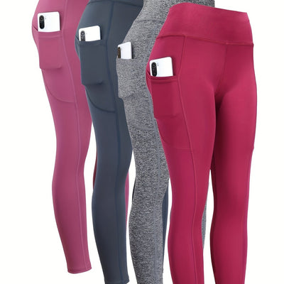 4pcs High Waist Yoga Leggings With Pocket For Women, Solid Color, Tight Fit, Women's Activewear