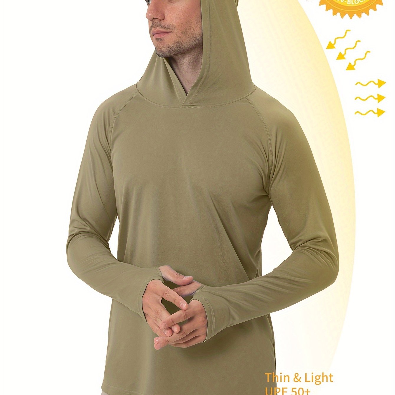 Men's UPF50+ Sun Protection Hoodie - Lightweight Quick-Dry Rash Guard, Breathable Long Sleeve UV Shirt for Fishing, Hiking, Yoga & Running, Olive Green, Machine Washable, Sports Apparel, Sporty Design, Durable Construction, A