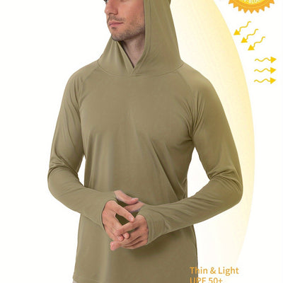 Men's UPF50+ Sun Protection Hoodie - Lightweight Quick-Dry Rash Guard, Breathable Long Sleeve UV Shirt for Fishing, Hiking, Yoga & Running, Olive Green, Machine Washable, Sports Apparel, Sporty Design, Durable Construction, A