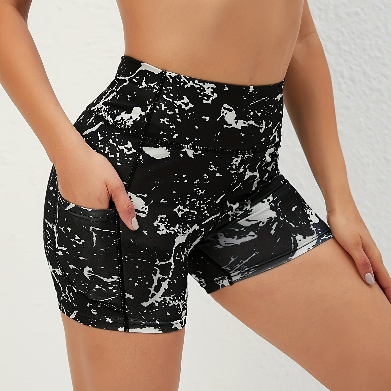Women's High Waist Marble Printed Shorts - Slim Fit, Lift Hip, Yoga Workout Shorts - Polyester & Spandex Blend - For Fitness Enthusiasts & Yoga Lovers - Perfect for Gym, Outdoor Workouts & Everyday Wear