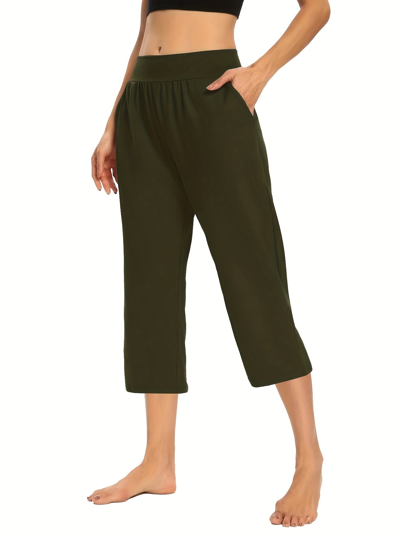 Plus Size Womens Capri Pants - Comfortable Solid Waistband, High Rise Skinny Fit - Fashionable for Casual Wear & Fitness