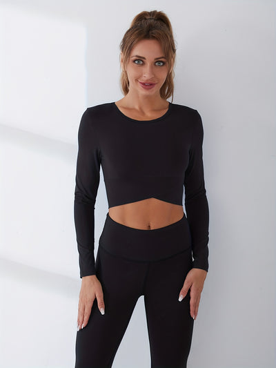 Solid Color Asymmetrical Hem Long Sleeve Sports Crop Top, Round Neck Pullover Yoga Crop Top, Women's Tops