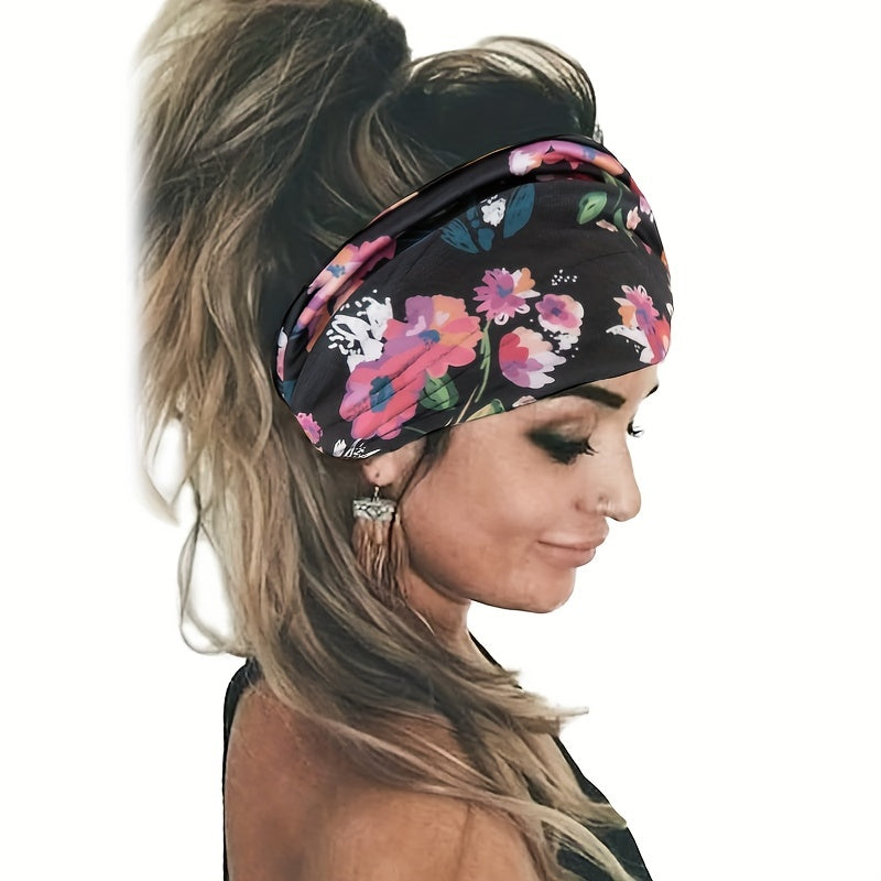 Tie Dye Flower Print Knotted Headband Ladies Sports Widening Fitness Yoga Headband Bundle Boho Style Hairband