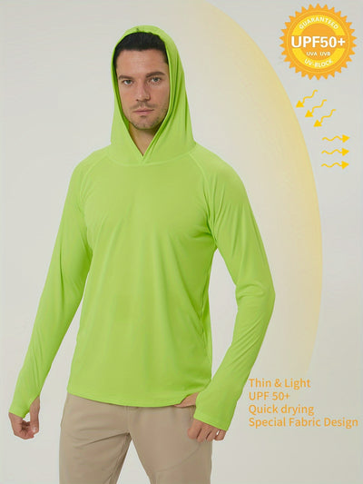 Men's UPF50+ Sun Protection Hoodie - Lightweight Quick-Dry Rash Guard, Breathable Long Sleeve UV Shirt for Fishing, Hiking, Yoga & Running, Olive Green, Machine Washable, Sports Apparel, Sporty Design, Durable Construction, A