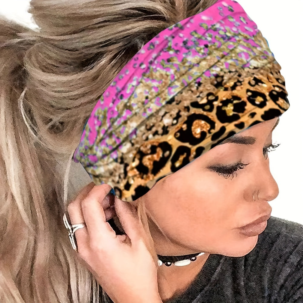 1pcs Boho Leopard Pattern Headband Stretch Wide Hair Bands Knotted Turban Head Band Yoga Running Sweatband Elastic Headband Head Wrap Hair Accessories For Women Teen Female