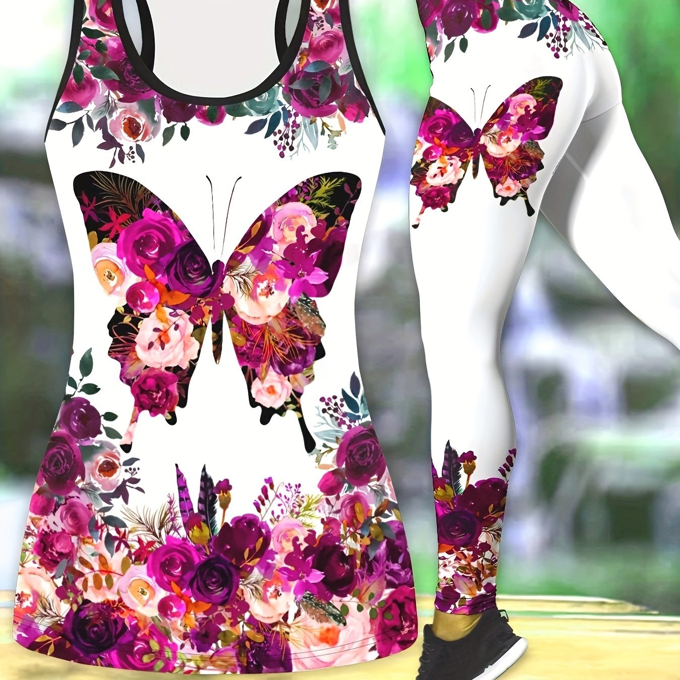 Vibrant 2pcs Set - Women's Casual Fitness Stretchy Fabric Tank Top and High-Waisted Leggings - Breathable Polyester/Spandex Blend, Perfect for Yoga & Casual Attire