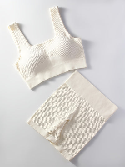 2pcs Women'S Breathable Seamless Yoga Leggings & Bra Set - High-Stretch Ribbed Gym Workout Shorts with Bra, Moisture-Wicking Athletic Outfit for Running, Pilates