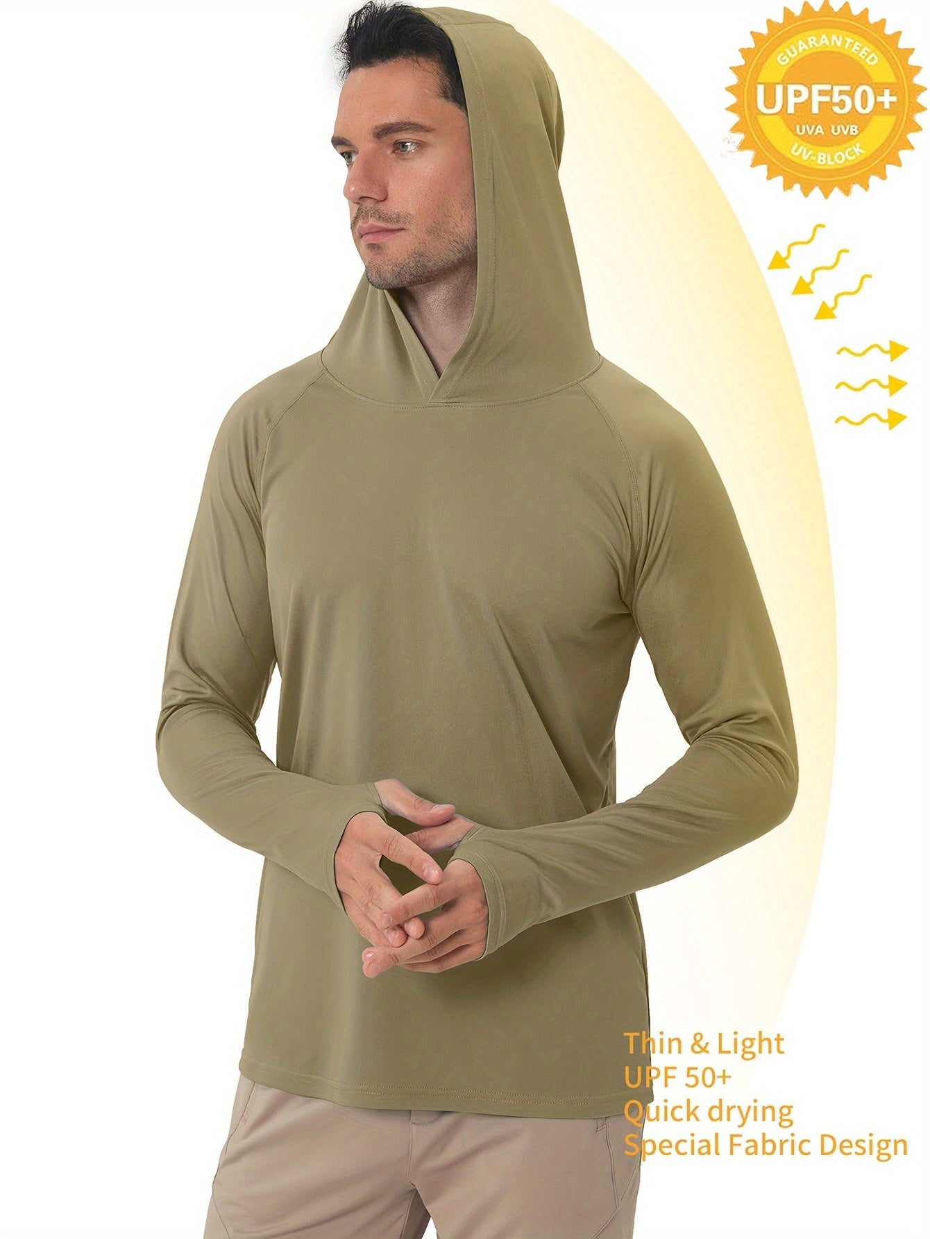 Men's UPF50+ Sun Protection Hoodie - Lightweight Quick-Dry Rash Guard, Breathable Long Sleeve UV Shirt for Fishing, Hiking, Yoga & Running, Olive Green, Machine Washable, Sports Apparel, Sporty Design, Durable Construction, A