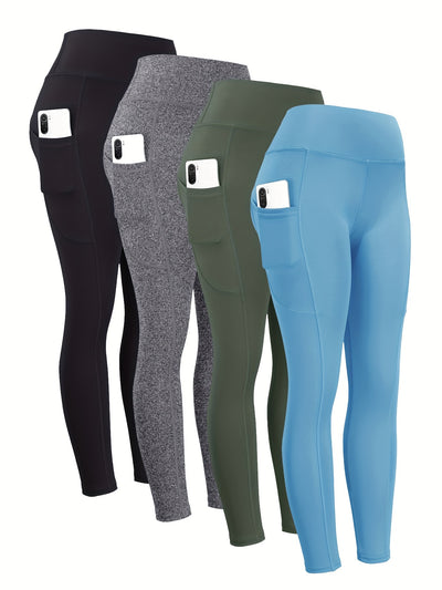 4pcs High Waist Yoga Leggings With Pocket For Women, Solid Color, Tight Fit, Women's Activewear
