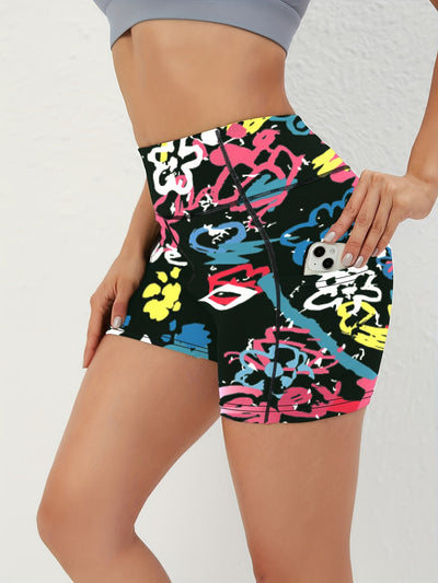 Women's High Waist Marble Printed Shorts - Slim Fit, Lift Hip, Yoga Workout Shorts - Polyester & Spandex Blend - For Fitness Enthusiasts & Yoga Lovers - Perfect for Gym, Outdoor Workouts & Everyday Wear