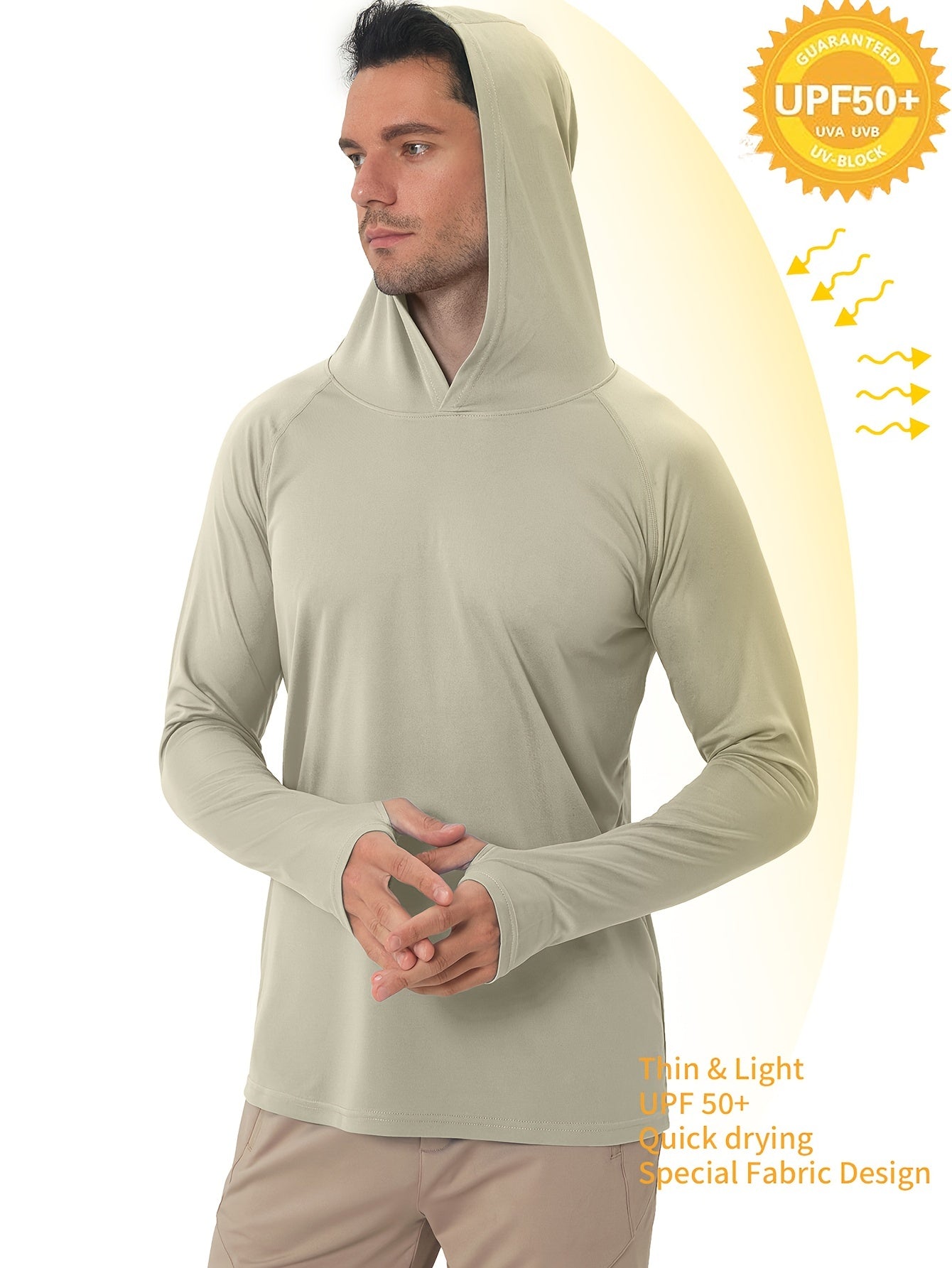 Men's UPF50+ Sun Protection Hoodie - Lightweight Quick-Dry Rash Guard, Breathable Long Sleeve UV Shirt for Fishing, Hiking, Yoga & Running, Olive Green, Machine Washable, Sports Apparel, Sporty Design, Durable Construction, A