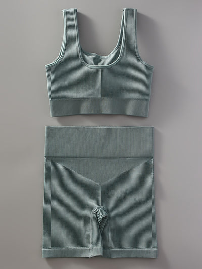 2pcs Women'S Breathable Seamless Yoga Leggings & Bra Set - High-Stretch Ribbed Gym Workout Shorts with Bra, Moisture-Wicking Athletic Outfit for Running, Pilates