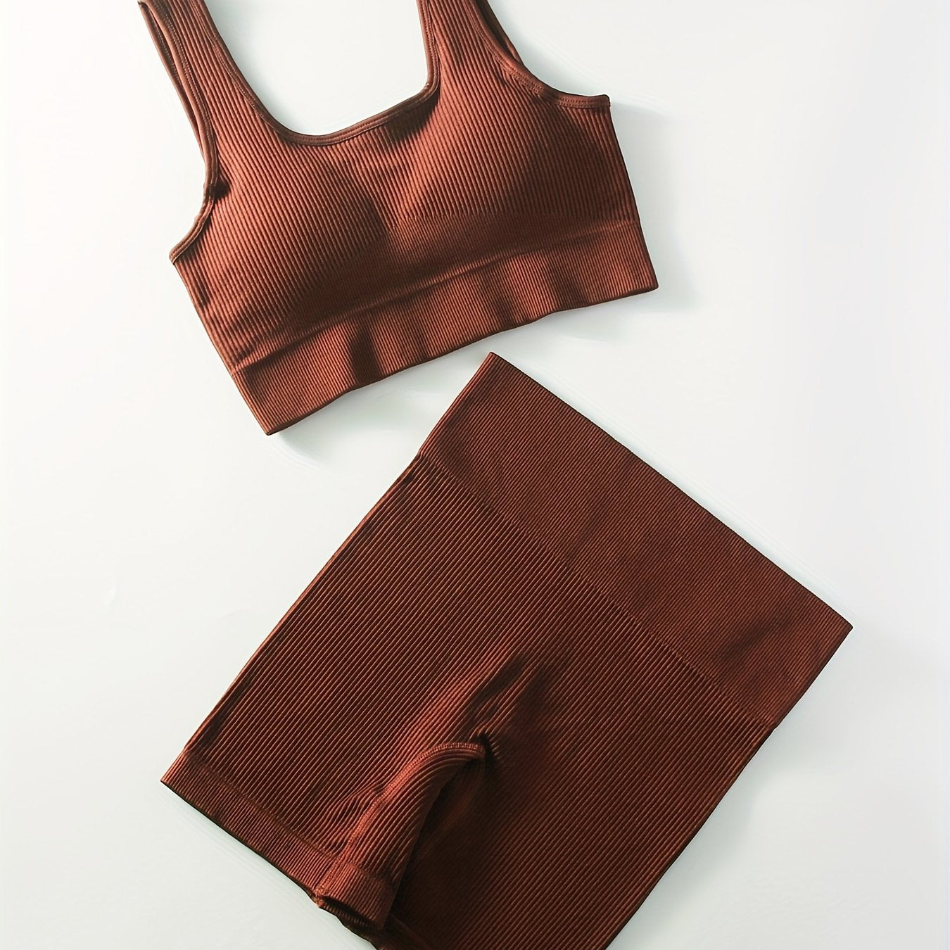 2pcs Women'S Breathable Seamless Yoga Leggings & Bra Set - High-Stretch Ribbed Gym Workout Shorts with Bra, Moisture-Wicking Athletic Outfit for Running, Pilates