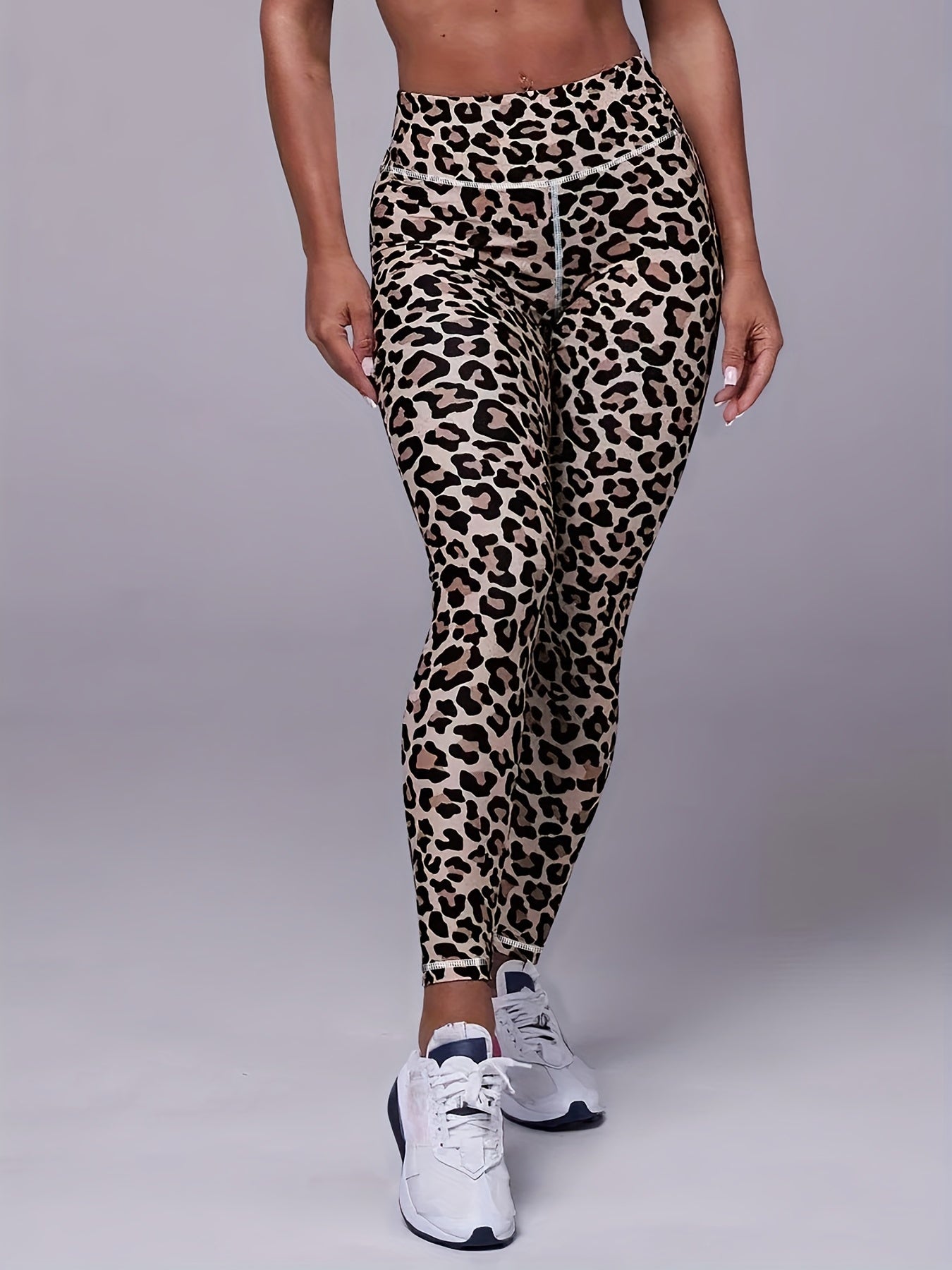 Leopard Print Sports Leggings, Outdoor Casual Workout High Waist Stretch Skinny Running Pants, Fitness Tummy Control Yoga Leggings