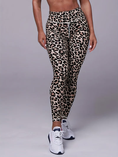 Leopard Print Sports Leggings, Outdoor Casual Workout High Waist Stretch Skinny Running Pants, Fitness Tummy Control Yoga Leggings