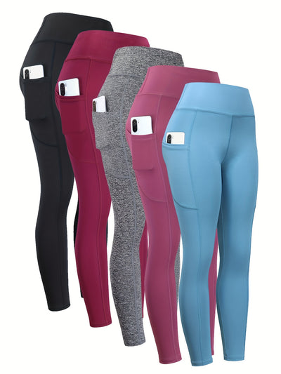 4pcs High Waist Yoga Leggings With Pocket For Women, Solid Color, Tight Fit, Women's Activewear