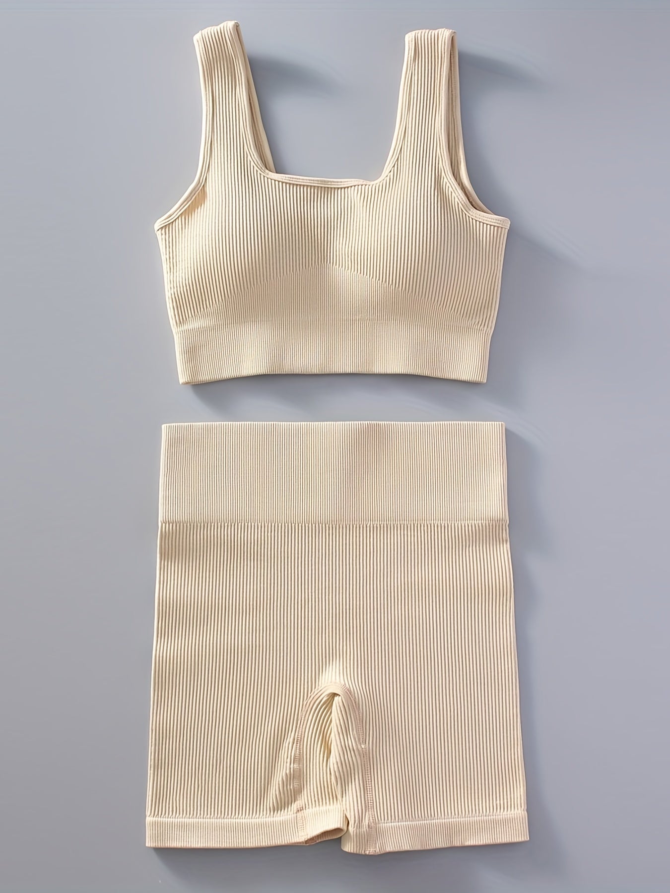 2pcs Women'S Breathable Seamless Yoga Leggings & Bra Set - High-Stretch Ribbed Gym Workout Shorts with Bra, Moisture-Wicking Athletic Outfit for Running, Pilates