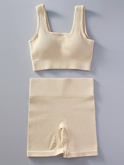 2pcs Women'S Breathable Seamless Yoga Leggings & Bra Set - High-Stretch Ribbed Gym Workout Shorts with Bra, Moisture-Wicking Athletic Outfit for Running, Pilates