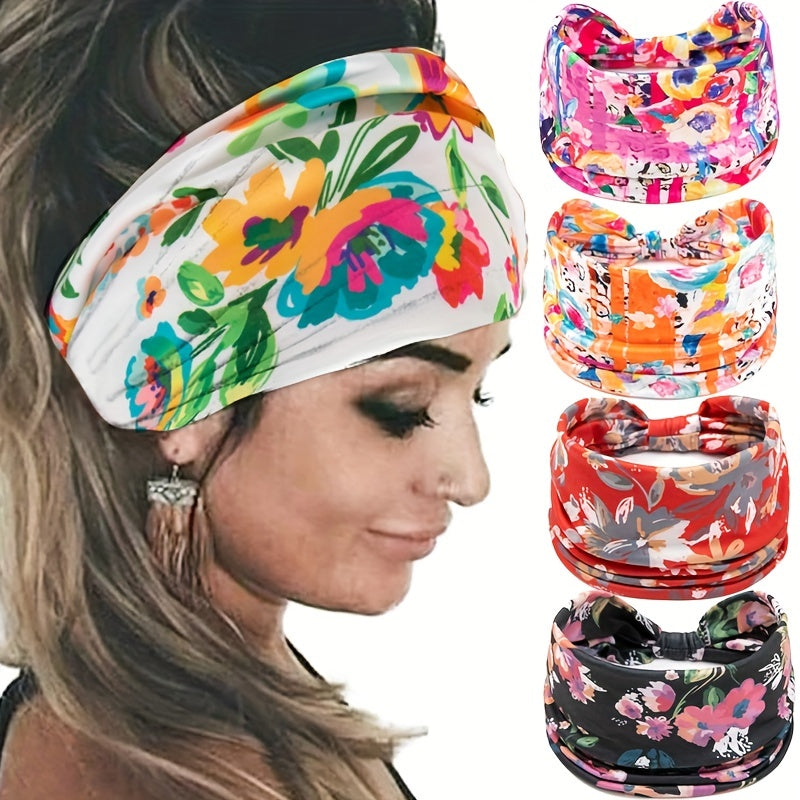 Tie Dye Flower Print Knotted Headband Ladies Sports Widening Fitness Yoga Headband Bundle Boho Style Hairband