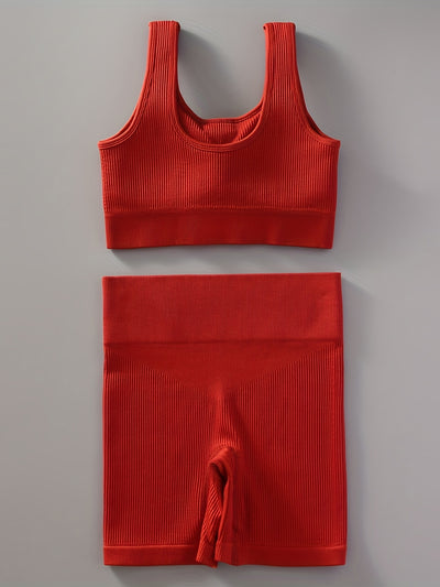 2pcs Women'S Breathable Seamless Yoga Leggings & Bra Set - High-Stretch Ribbed Gym Workout Shorts with Bra, Moisture-Wicking Athletic Outfit for Running, Pilates