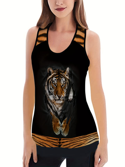 Plus Size Sports Outfits Set, Women's Plus 3D Tiger Print Racer Back Slight Stretch Tank Top & Leggings Yoga Running Outfits Two Piece Set