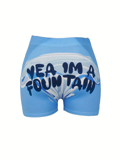 Letter Print Skinny Shorts, Casual Yoga Shorts For Spring & Summer, Women's Clothing