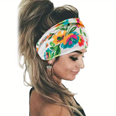Tie Dye Flower Print Knotted Headband Ladies Sports Widening Fitness Yoga Headband Bundle Boho Style Hairband