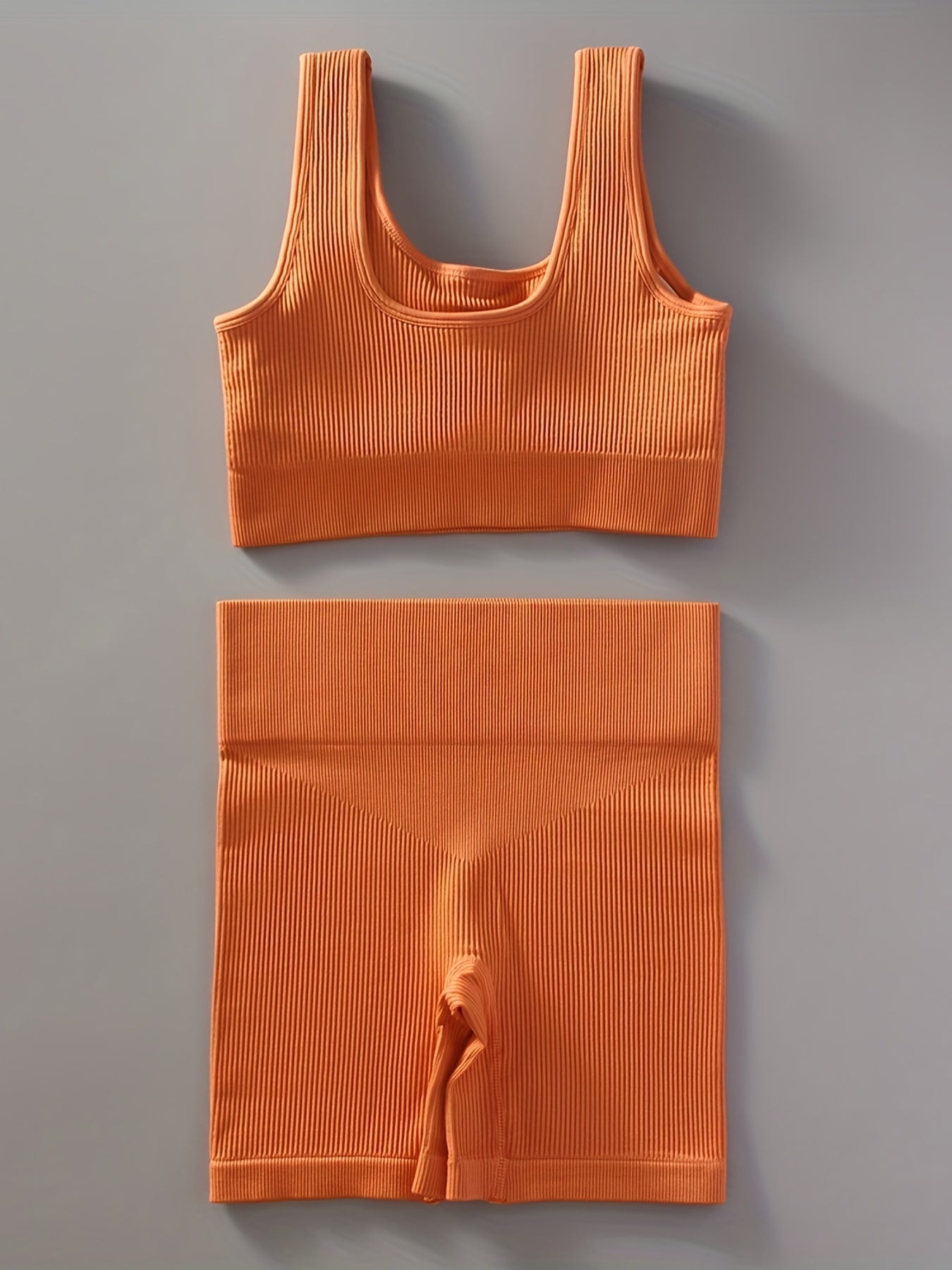 2pcs Women'S Breathable Seamless Yoga Leggings & Bra Set - High-Stretch Ribbed Gym Workout Shorts with Bra, Moisture-Wicking Athletic Outfit for Running, Pilates