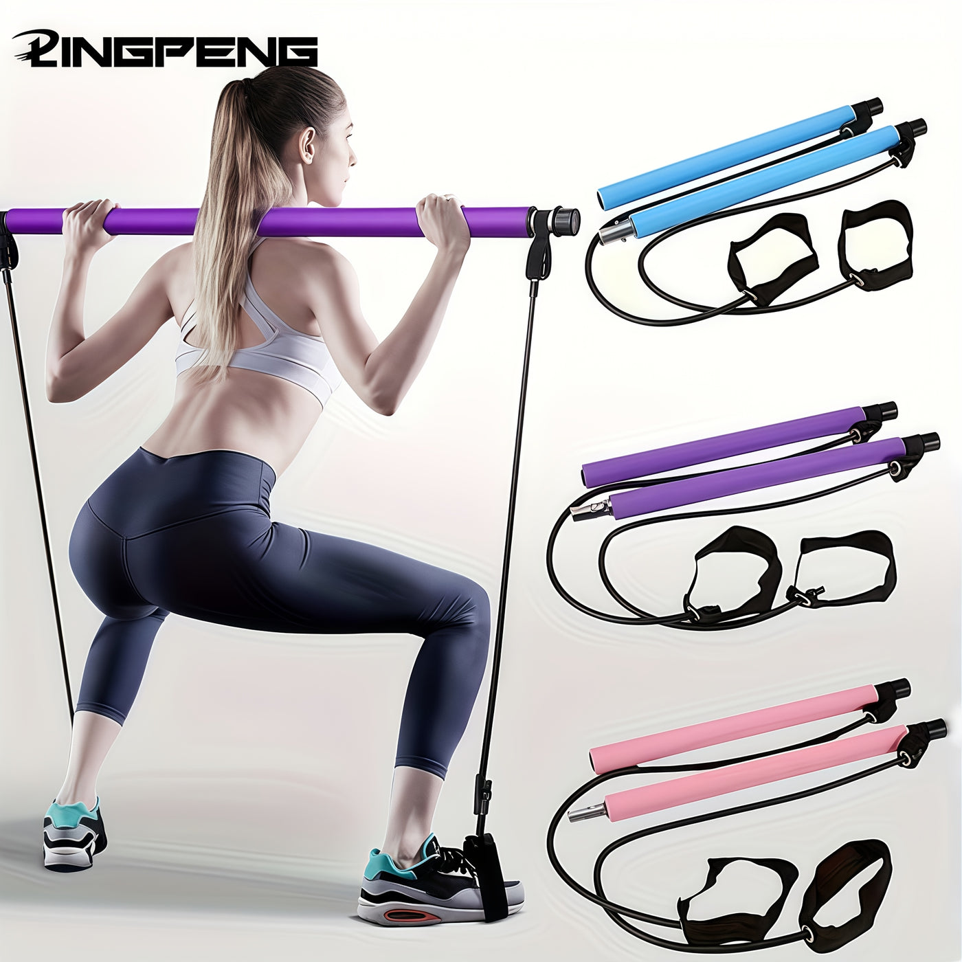 Stainless Steel 1pc Lingpeng Pilates Bar Kit - Colorful Resistance Bands for Home Gym, Yoga, Squats & Full Body Shaping - Lightweight, Easy to Assemble & Carry, Gym Accessories for Men & Women