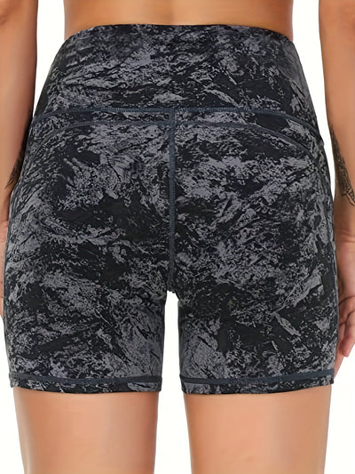 Women's High Waist Marble Printed Shorts - Slim Fit, Lift Hip, Yoga Workout Shorts - Polyester & Spandex Blend - For Fitness Enthusiasts & Yoga Lovers - Perfect for Gym, Outdoor Workouts & Everyday Wear