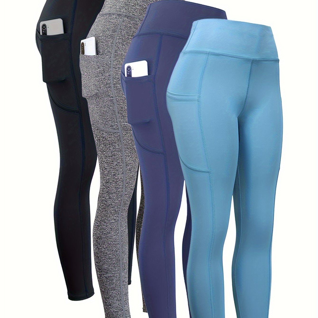 4pcs High Waist Yoga Leggings With Pocket For Women, Solid Color, Tight Fit, Women's Activewear