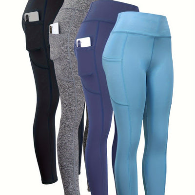 4pcs High Waist Yoga Leggings With Pocket For Women, Solid Color, Tight Fit, Women's Activewear