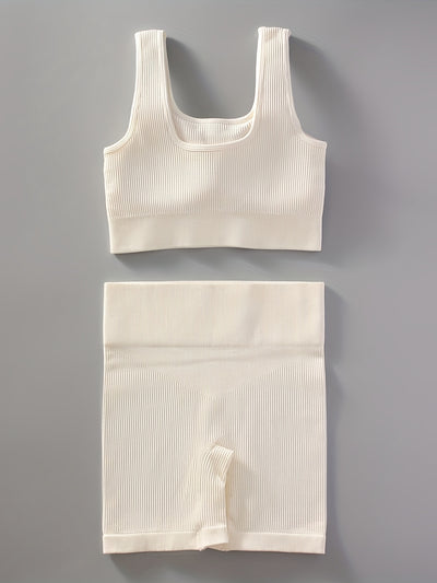 2pcs Women'S Breathable Seamless Yoga Leggings & Bra Set - High-Stretch Ribbed Gym Workout Shorts with Bra, Moisture-Wicking Athletic Outfit for Running, Pilates