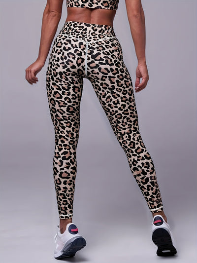 Leopard Print Sports Leggings, Outdoor Casual Workout High Waist Stretch Skinny Running Pants, Fitness Tummy Control Yoga Leggings