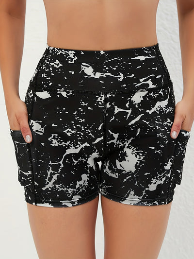 Women's High Waist Marble Printed Shorts - Slim Fit, Lift Hip, Yoga Workout Shorts - Polyester & Spandex Blend - For Fitness Enthusiasts & Yoga Lovers - Perfect for Gym, Outdoor Workouts & Everyday Wear