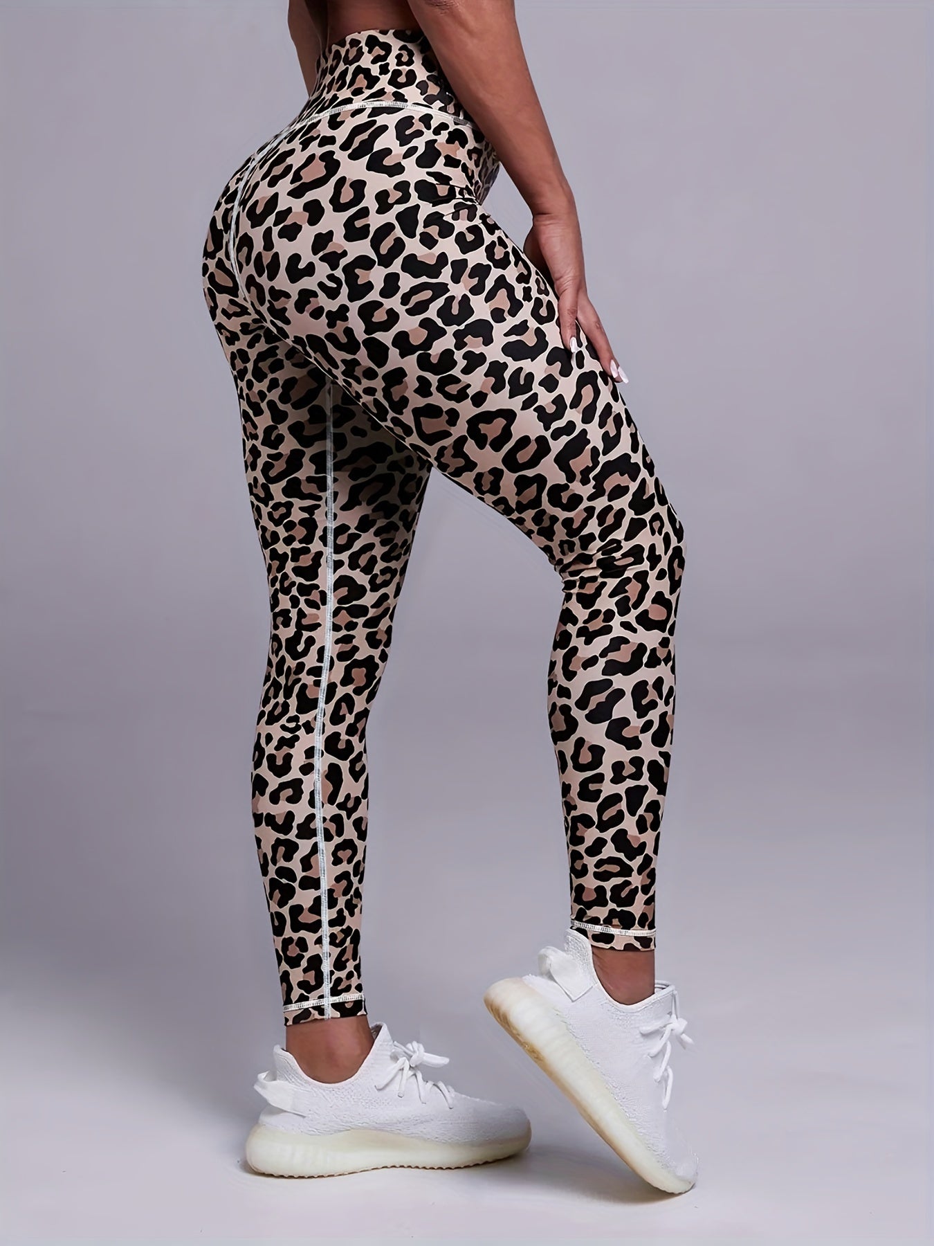 Leopard Print Sports Leggings, Outdoor Casual Workout High Waist Stretch Skinny Running Pants, Fitness Tummy Control Yoga Leggings