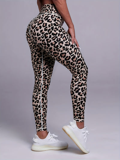 Leopard Print Sports Leggings, Outdoor Casual Workout High Waist Stretch Skinny Running Pants, Fitness Tummy Control Yoga Leggings