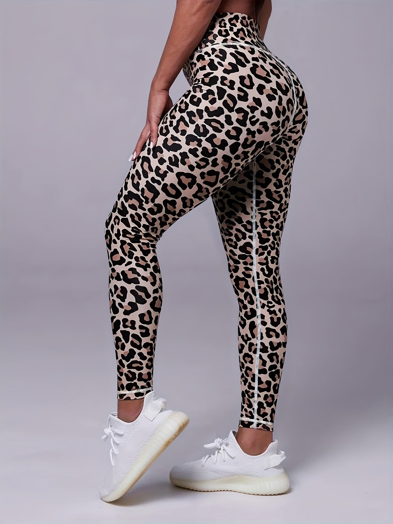 Leopard Print Sports Leggings, Outdoor Casual Workout High Waist Stretch Skinny Running Pants, Fitness Tummy Control Yoga Leggings