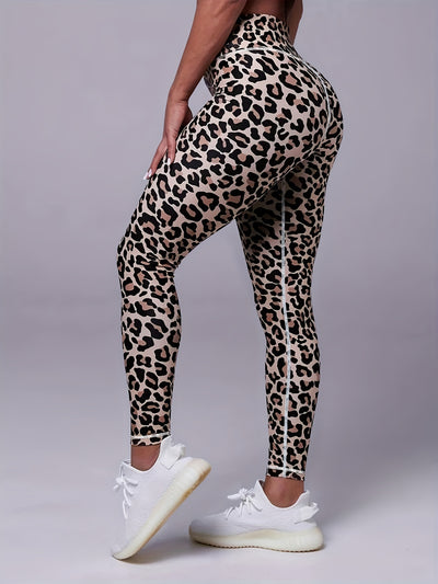 Leopard Print Sports Leggings, Outdoor Casual Workout High Waist Stretch Skinny Running Pants, Fitness Tummy Control Yoga Leggings