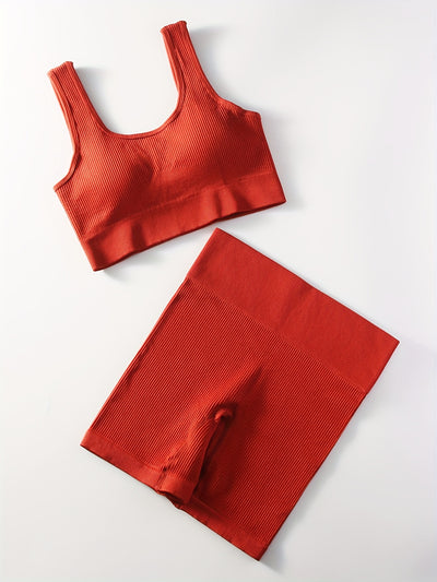 2pcs Women'S Breathable Seamless Yoga Leggings & Bra Set - High-Stretch Ribbed Gym Workout Shorts with Bra, Moisture-Wicking Athletic Outfit for Running, Pilates