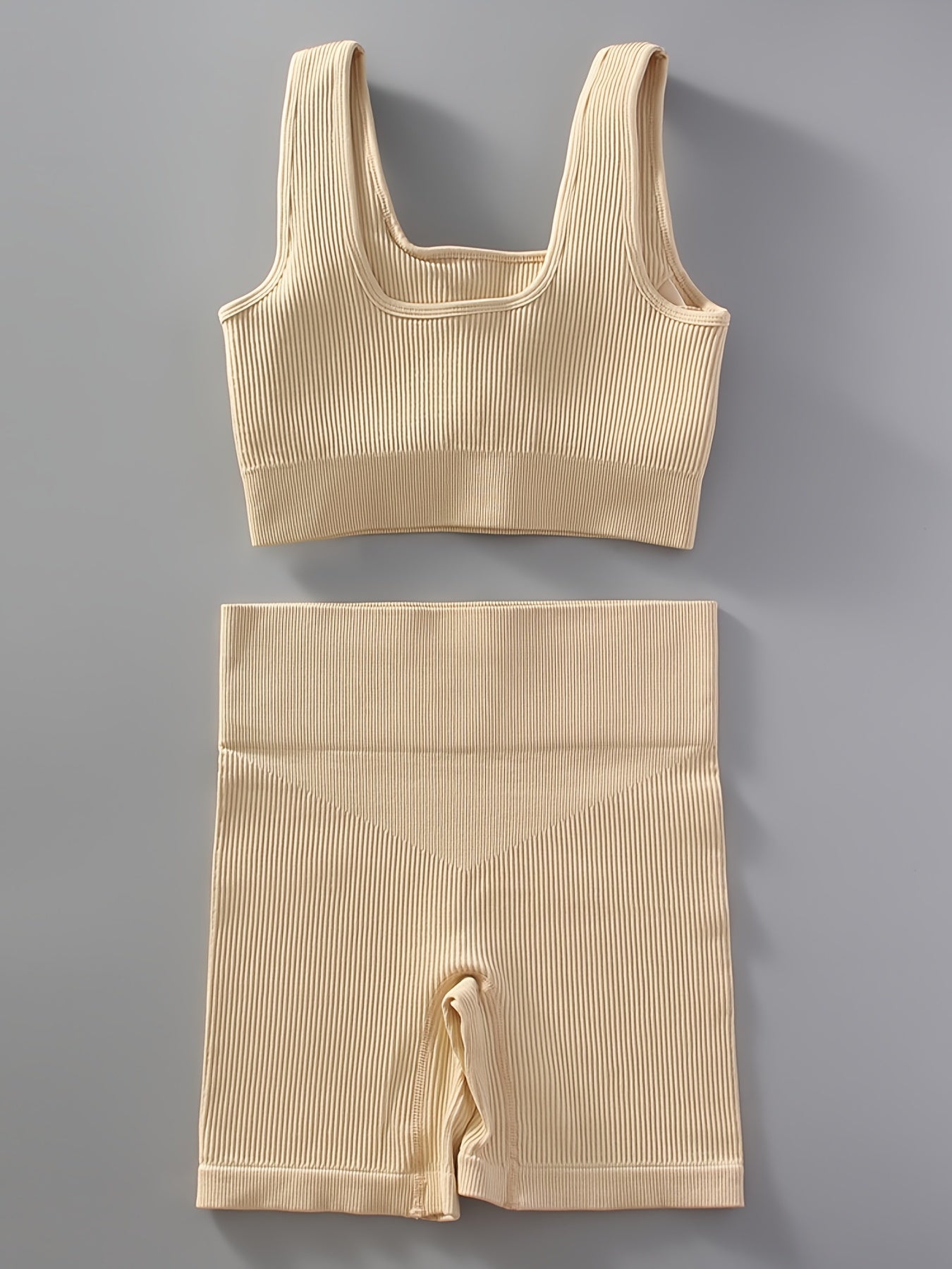 2pcs Women'S Breathable Seamless Yoga Leggings & Bra Set - High-Stretch Ribbed Gym Workout Shorts with Bra, Moisture-Wicking Athletic Outfit for Running, Pilates