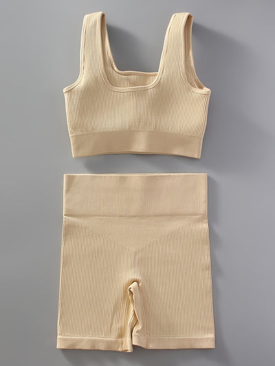 2pcs Women'S Breathable Seamless Yoga Leggings & Bra Set - High-Stretch Ribbed Gym Workout Shorts with Bra, Moisture-Wicking Athletic Outfit for Running, Pilates