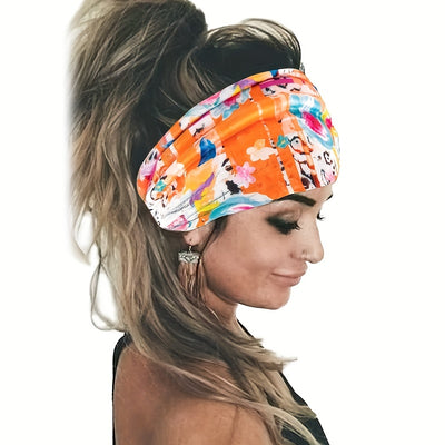 Tie Dye Flower Print Knotted Headband Ladies Sports Widening Fitness Yoga Headband Bundle Boho Style Hairband